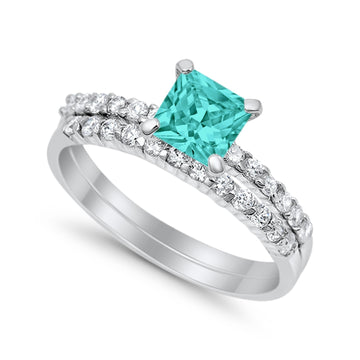 Wedding Ring Bridal Princess Cut Simulated Paraiba Tourmaline CZ 925 Sterling Silver